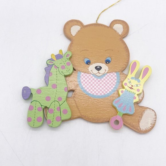 Vintage Wooden Teddy Bear Oranament Holding Rattle Horse Pastel Colors 4" Taiwan - Picture 4 of 8